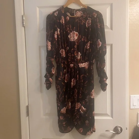 Zara Ruched Long Sleeve Rose Print Mini Asymmetrical Dress NWOT - Picture 9 of 13